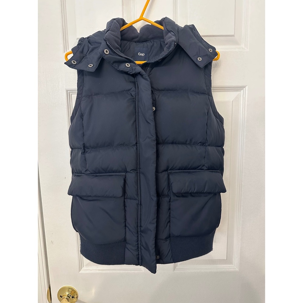 Gap Mens Navy Blue Down Filled Puffer Vest Detachable Hood Medium